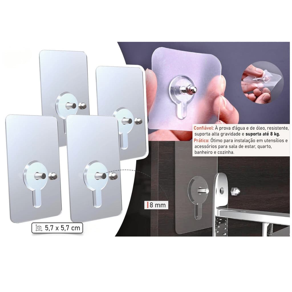 Kit 24 ou 48 Ganchos Adesivos Transparentes com Pino de Metal – Sem Furo | Multiuso Para quadros Acessórios e Utensílios