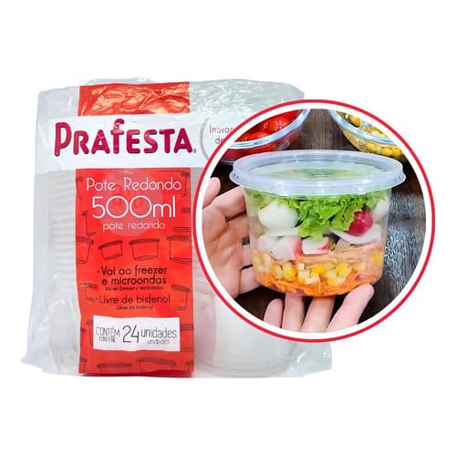 48 Potes Redondos Plástico Tampa Hermética 500ml Prafesta Cor Cristal