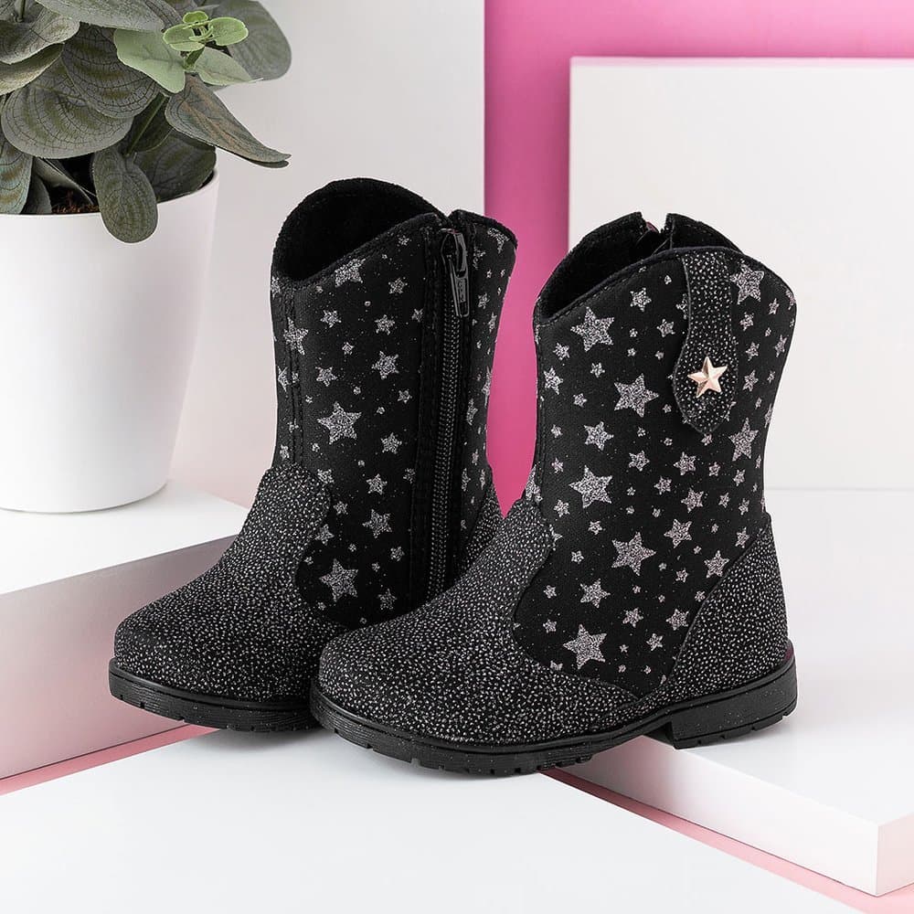 Bota Texana Infantil Menina com Estrelas e Brilho Pinokio – Bota Menina Confortável com Zíper