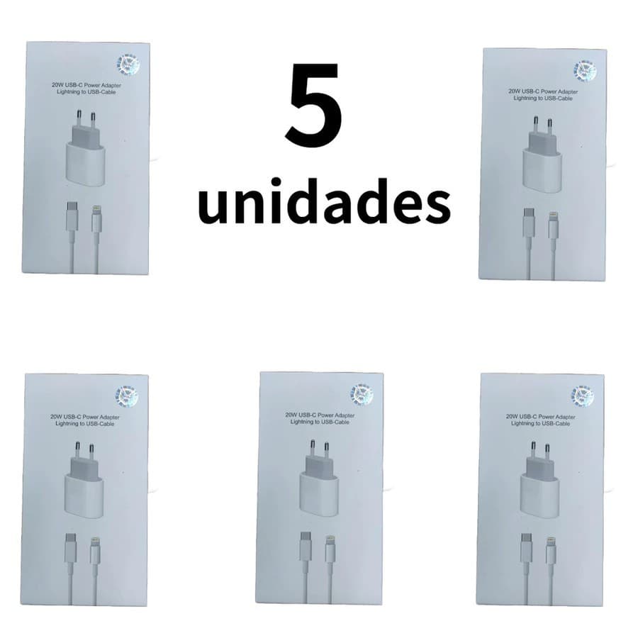 Kit 5 10 e 20 pcs Carregador iPhone Turbo 20W Fonte + Cabo USB-C Lightning Rápido