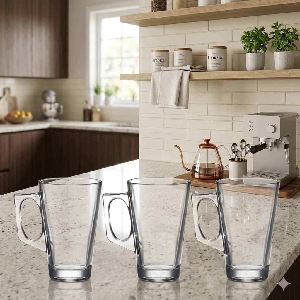 Kit 3 Xícaras de Vidro 225ml Design Moderno Resistentes para Cappuccino Café Chá Leite Uso Diário Cafeteira