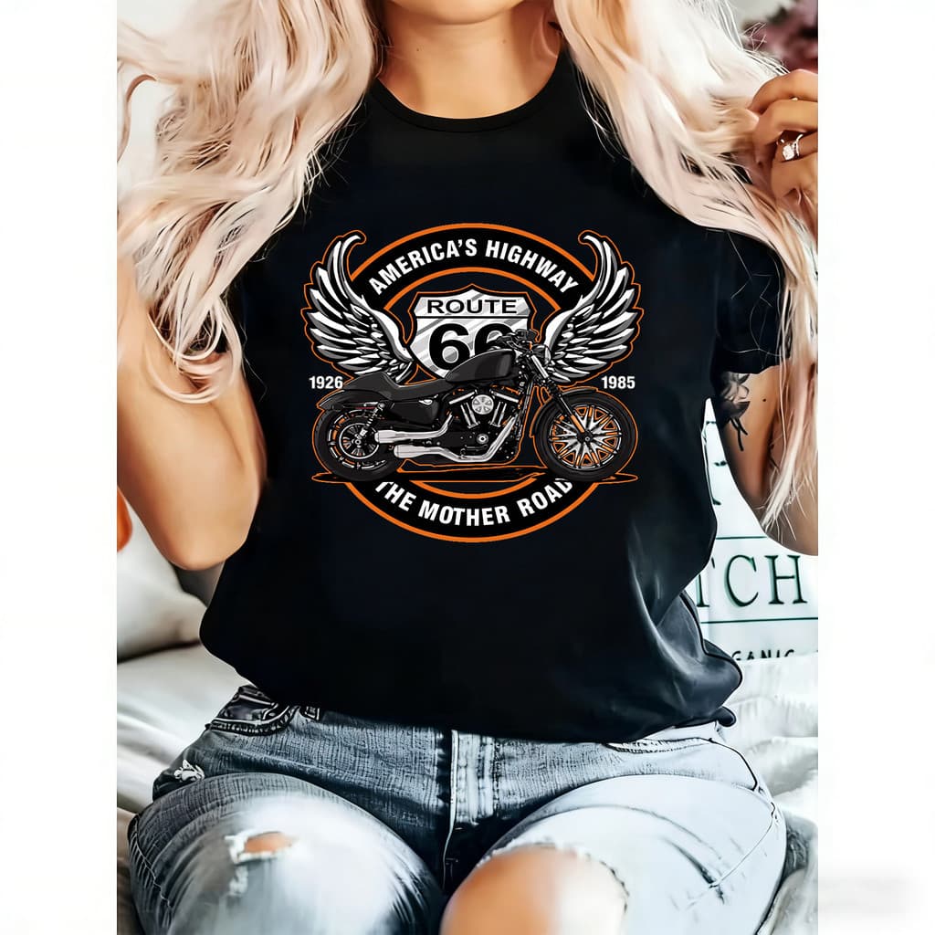 Camiseta Feminina Estampa Motocicleta Route 66 Americana Moderna Estilosa Retrô.
