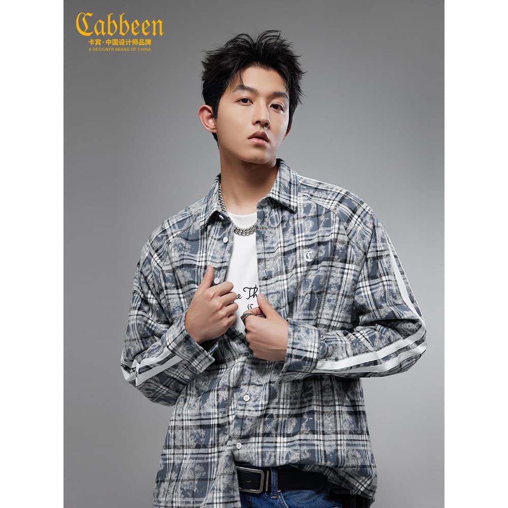 [Xadrez Tie-Dye] Kabin xadrez camisa de manga comprida masculina outono novo estilo na moda camisa Casual jaqueta