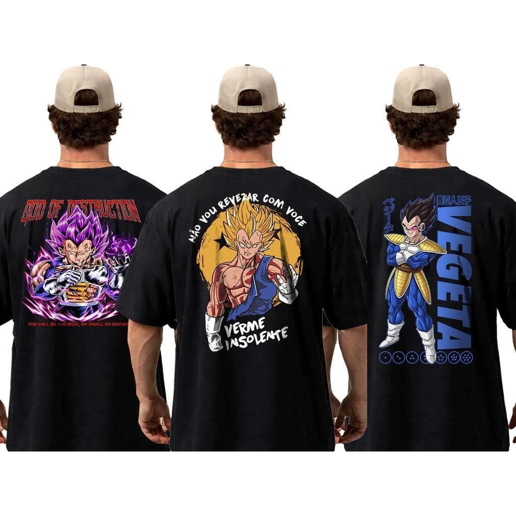 Kit 3 peças  Camiseta Masculina Algodão Premium Adulto Plus Size Infantil Streetwear Vegeta Dragon Ball Anime Verme Geek