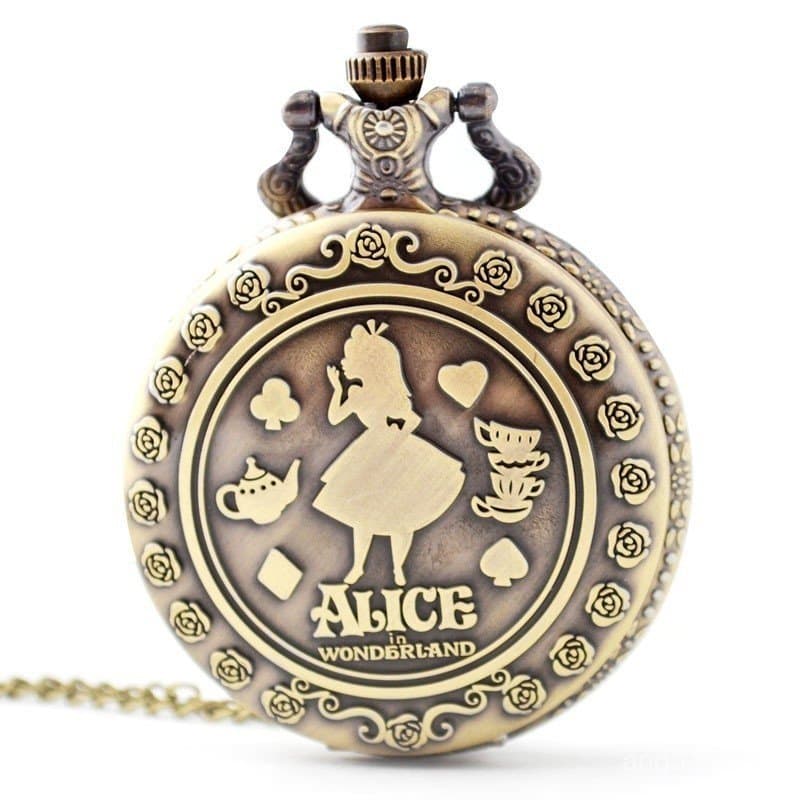 Retro Alice no País das Maravilhas Bronze Bolso de quartzo Colar Pocket Relógio