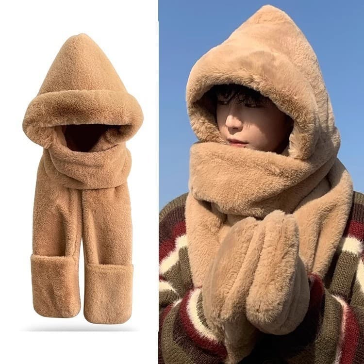 2025 novo estilo chapéu cachecol luvas de uma peça três-em-um cachecol de pelúcia inverno à prova de frio quente masculi