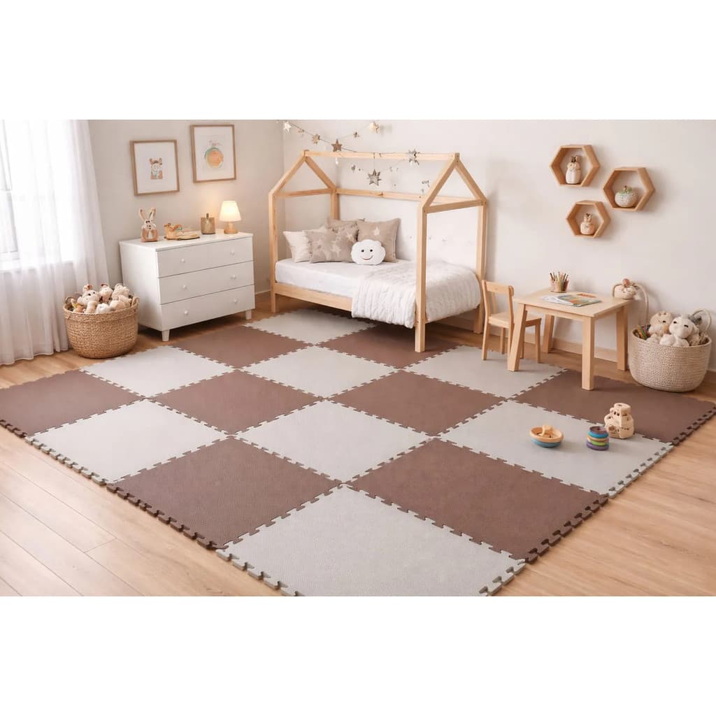 Kit 8 Tatames Tapete Eva 50x50x1cm 10mm Cinza Claro E Marrom Infantil Premium com Bordas Acabamento