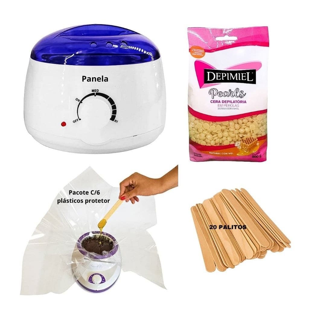 Kit Aquecedor Cera Quente Panela Depiladora + Plastico Protetor + Cera 500g + Palito