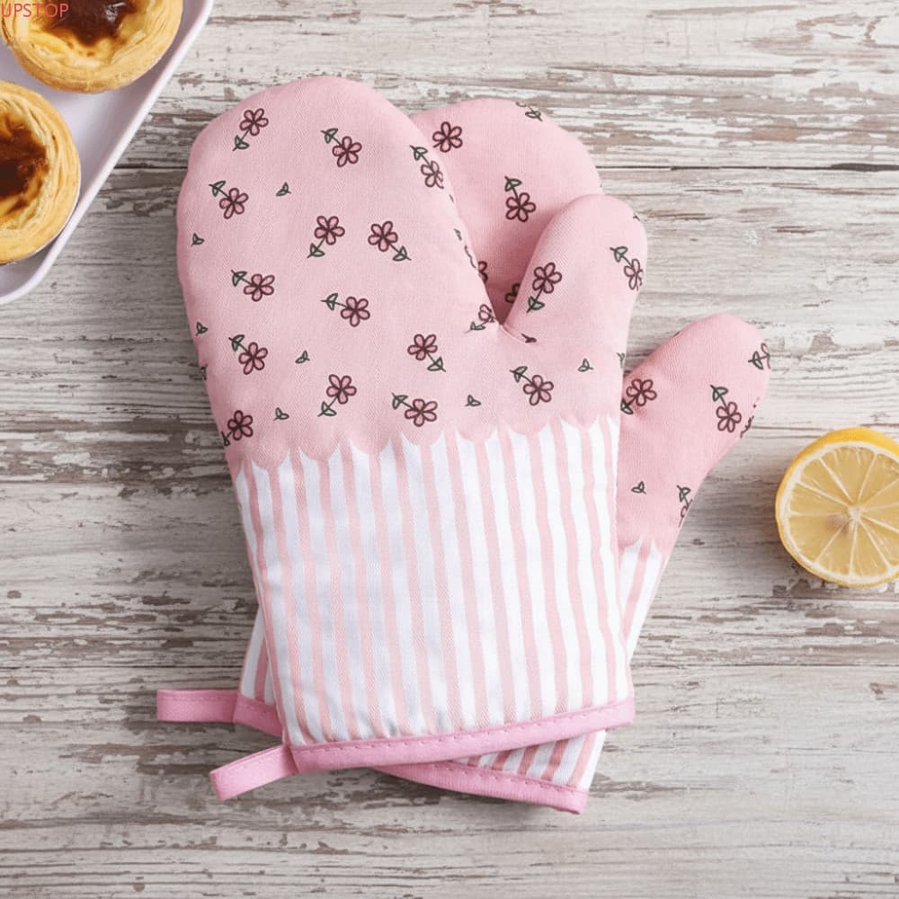 Luvas De Forno UPSTOP , Isolamento Térmico Com Pontos De Flores Impressas Espessadas Micro-Ondas Anti-Escaldantes