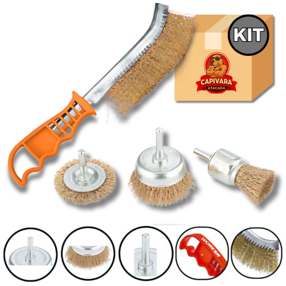 Kit 4 Pcs Escova de Aço Circular Latonado Cabo Manual Furadeira Retifica MTX 869+055