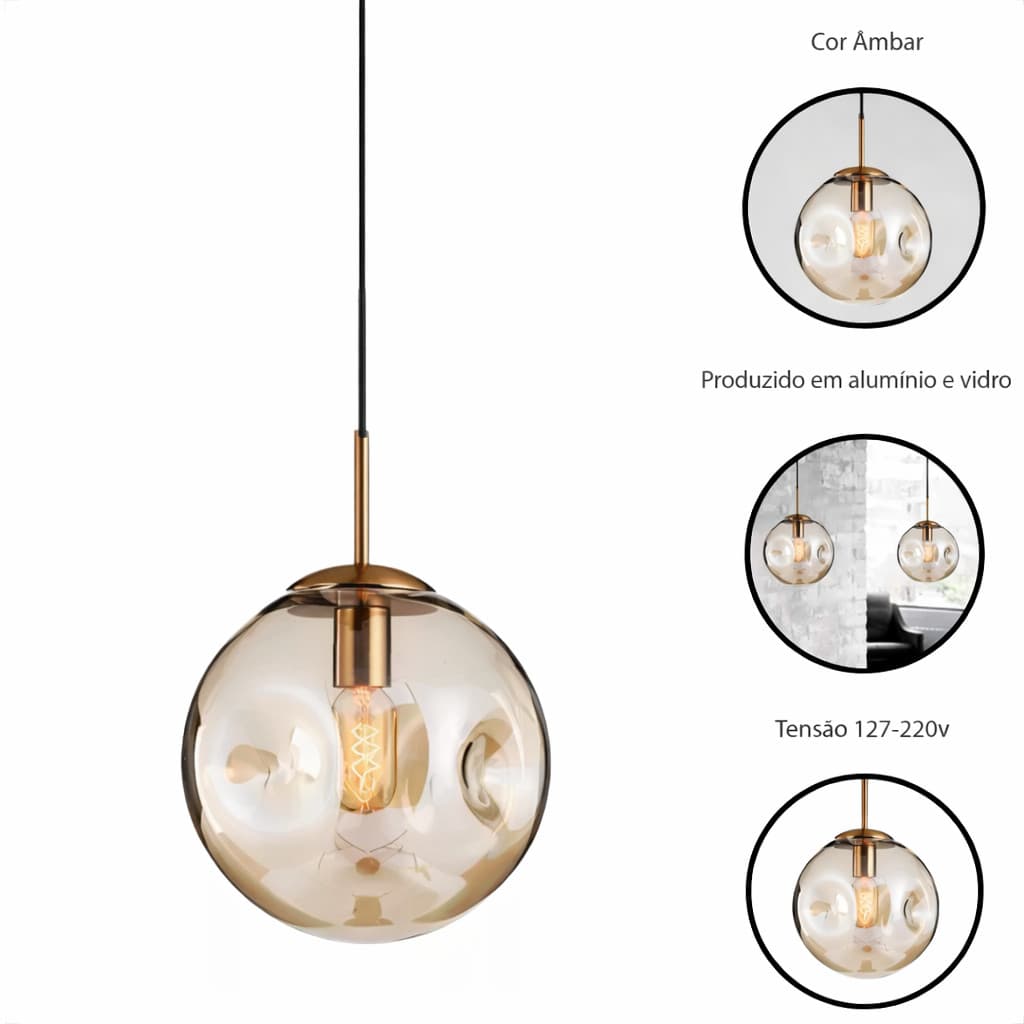 Pendente Bola Decorativo De Vidro Moderno Ambar 25cm