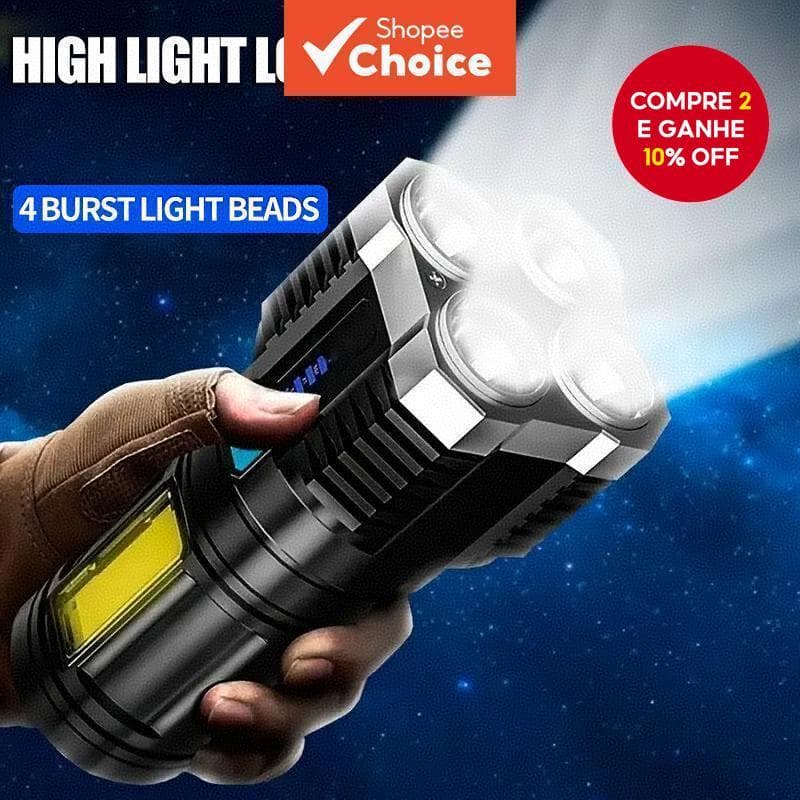 Lanterna LED-Luz COB Recarregável De Longo Alcance De 4 Células Com Display De Bateria Para Camping