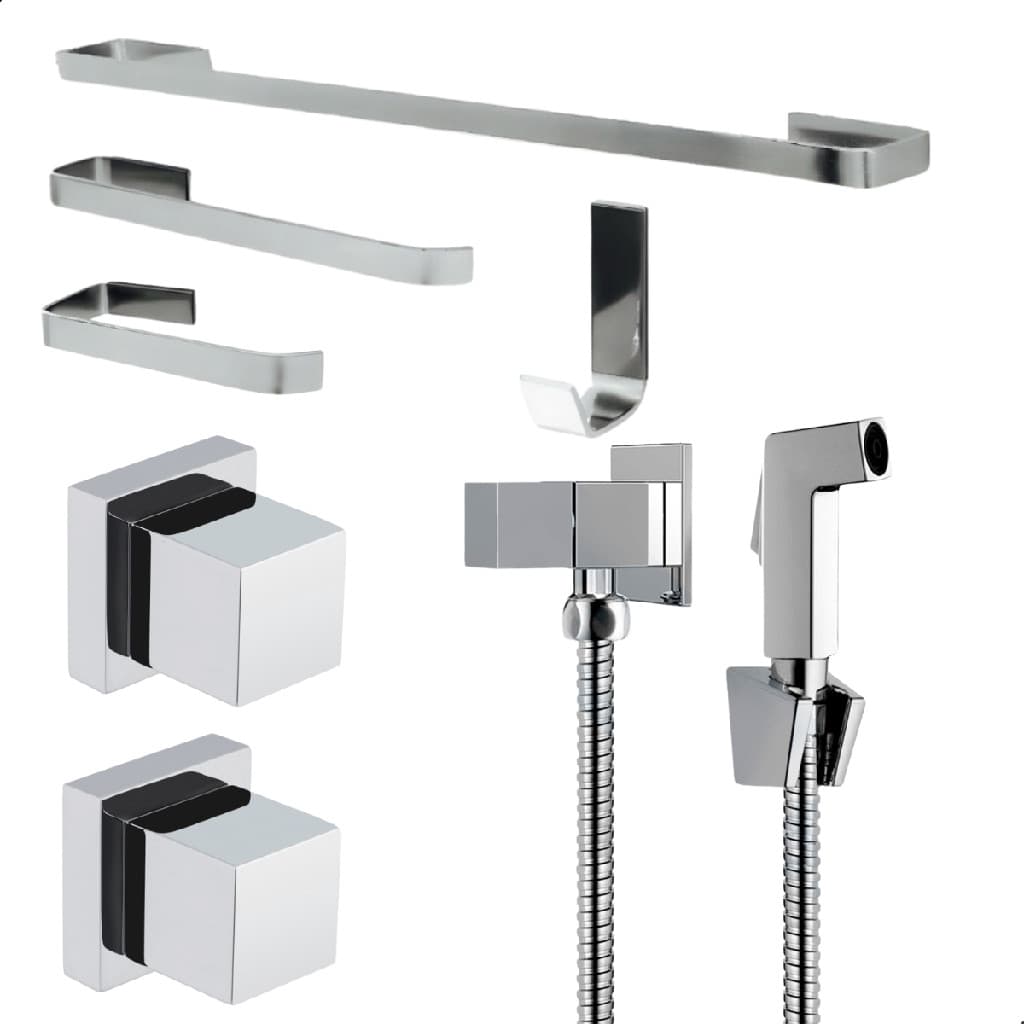 Kit de Acessórios para Banheiro Cromado + 1 Ducha Higiênica + 2 Acabamentos em Metal