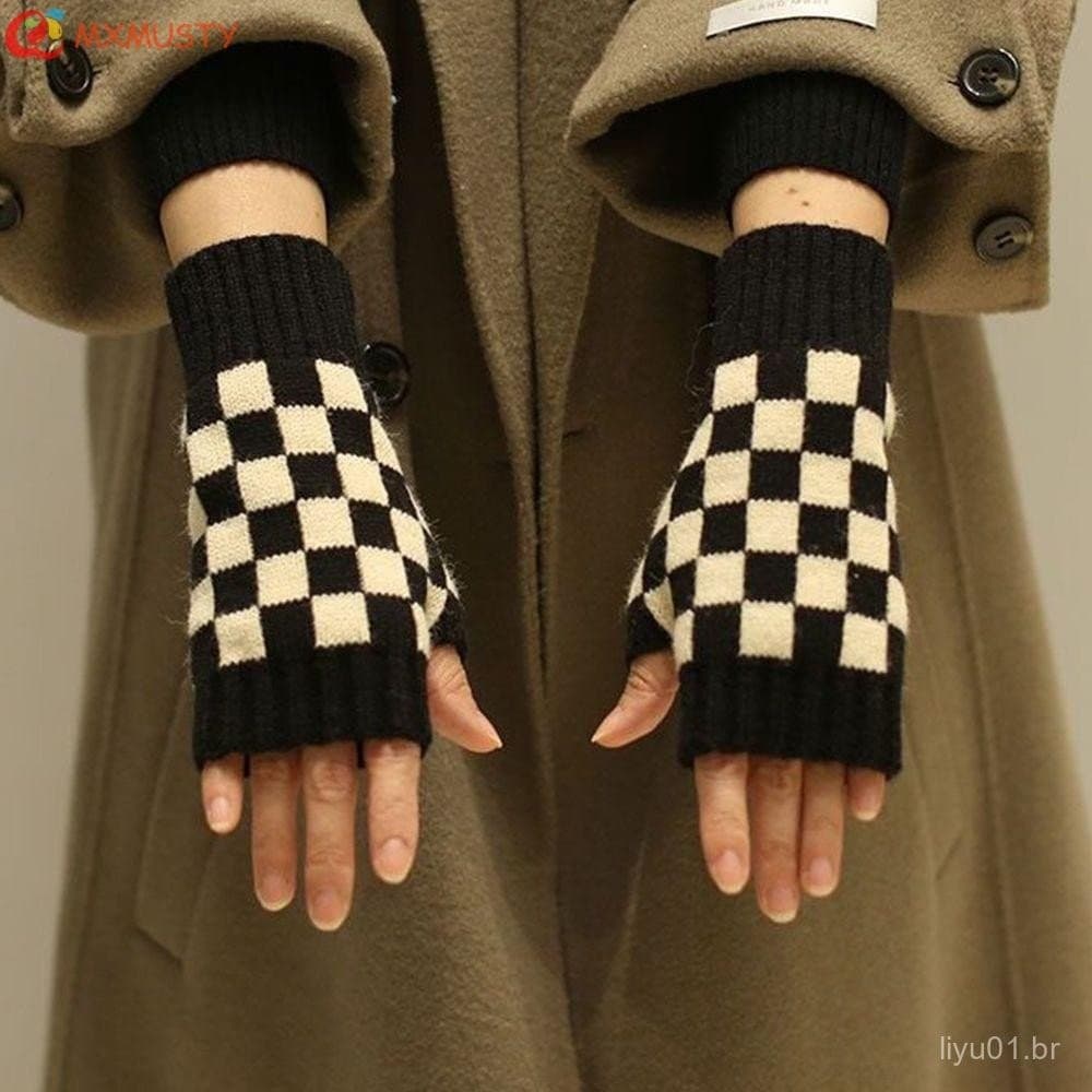 MXMUSTY Luvas Femininas Esportes Ao Ar Livre Houndstooth Xadrez Listra Adulto Estudante Meio Dedos