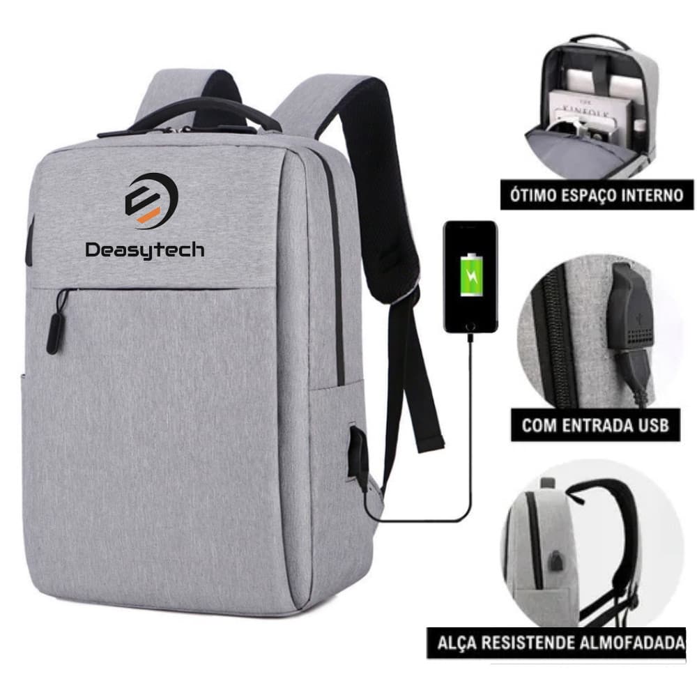 Mochila Para Notebook Bolsa Slim Escolar Alça Cabo Usb Impermeável Cor Cinza