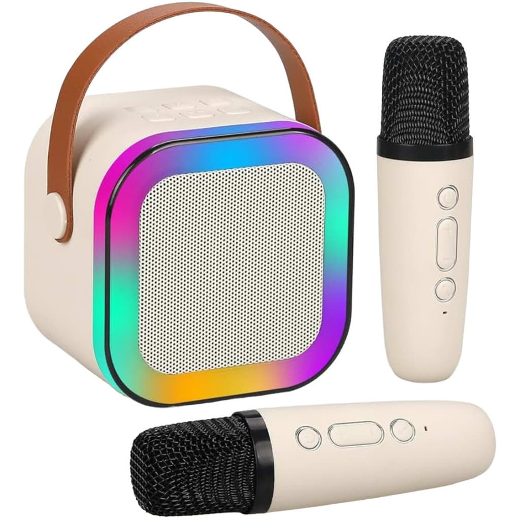 Caixinha Som Karaokê 2 Microfones Bluetooth Infantil Adulto Cor Bege