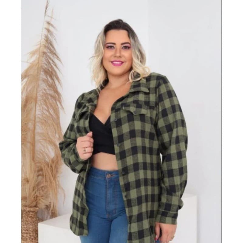 Blusa Xadrez Flanelada Plus Size Camiseta Feminina Camisa Manga Longa