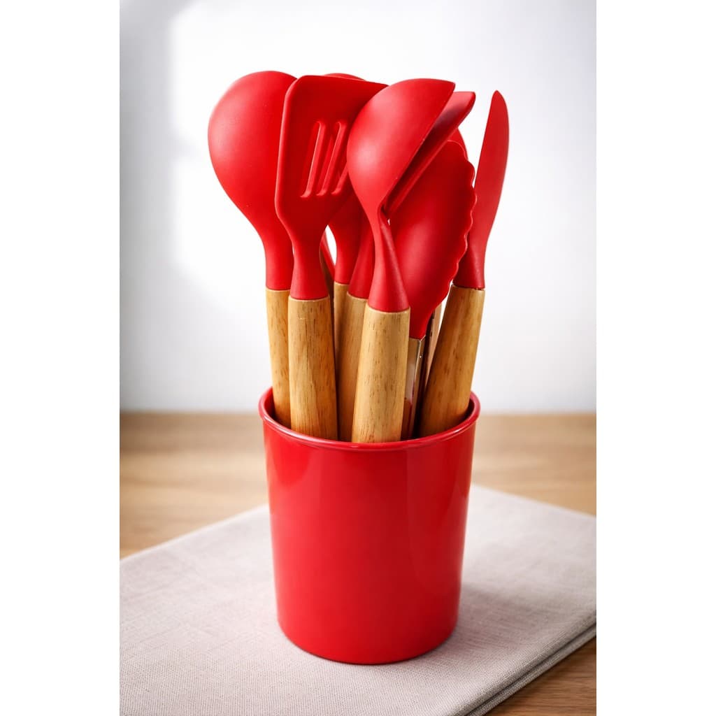 Kit Utensílios de Cozinha 12 Peças Silicone – Cabo de Madeira + Copo Suporte