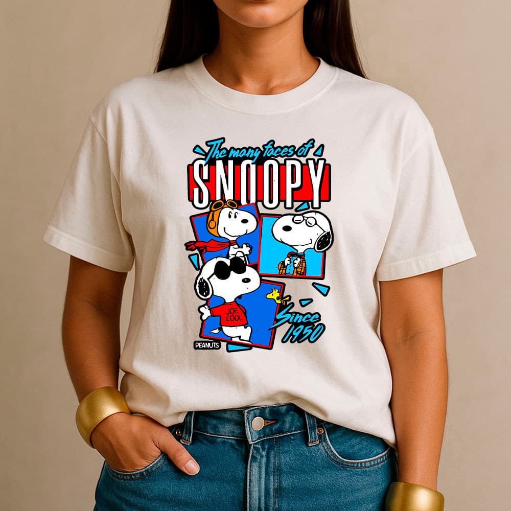 Camiseta Feminina 100% Algodão Camisa Snoopy As Muitas Faces Retrô Casual Streetwear Vintage