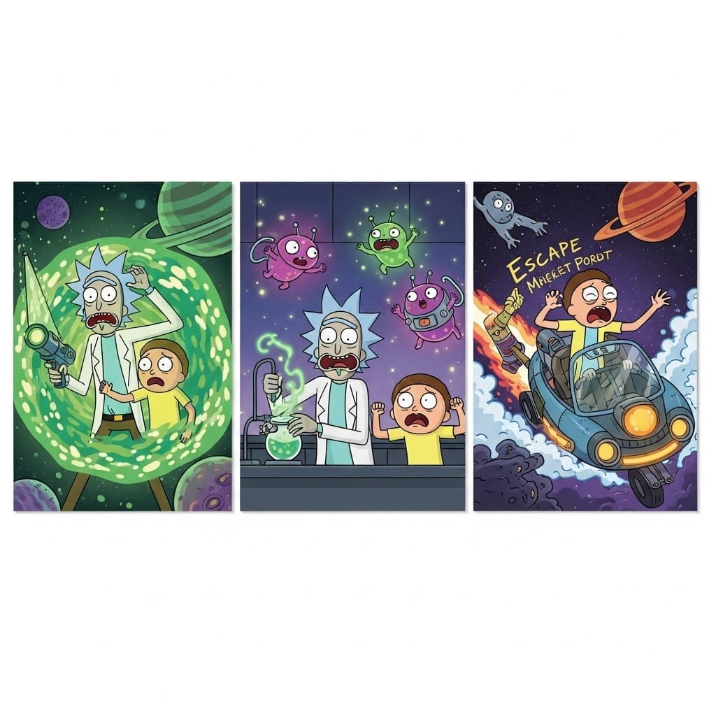 “Rick & Morty – Trio de Quadros Irados com Arte Interdimensional pra Bombar Sua Parede!”