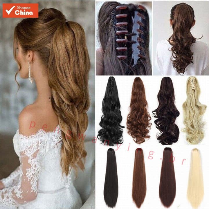 J49 Com Extensão de Cabelo Humano Longo Lavável Peruca Feminina Clip In Rabo de Cavalo WHMY
