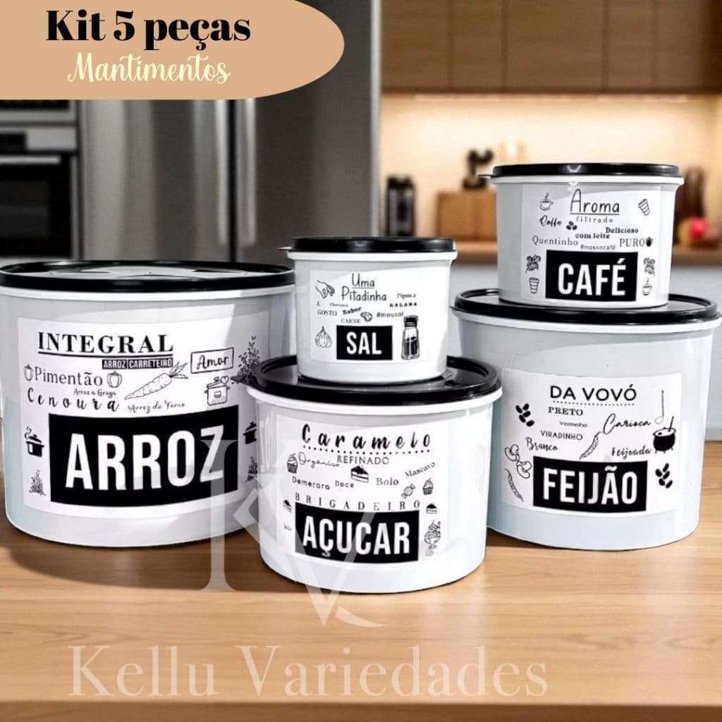 Kit 5 Potes De Mantimentos Plástico Decorado Jogo De Porta Mantimentos Com Adesivo