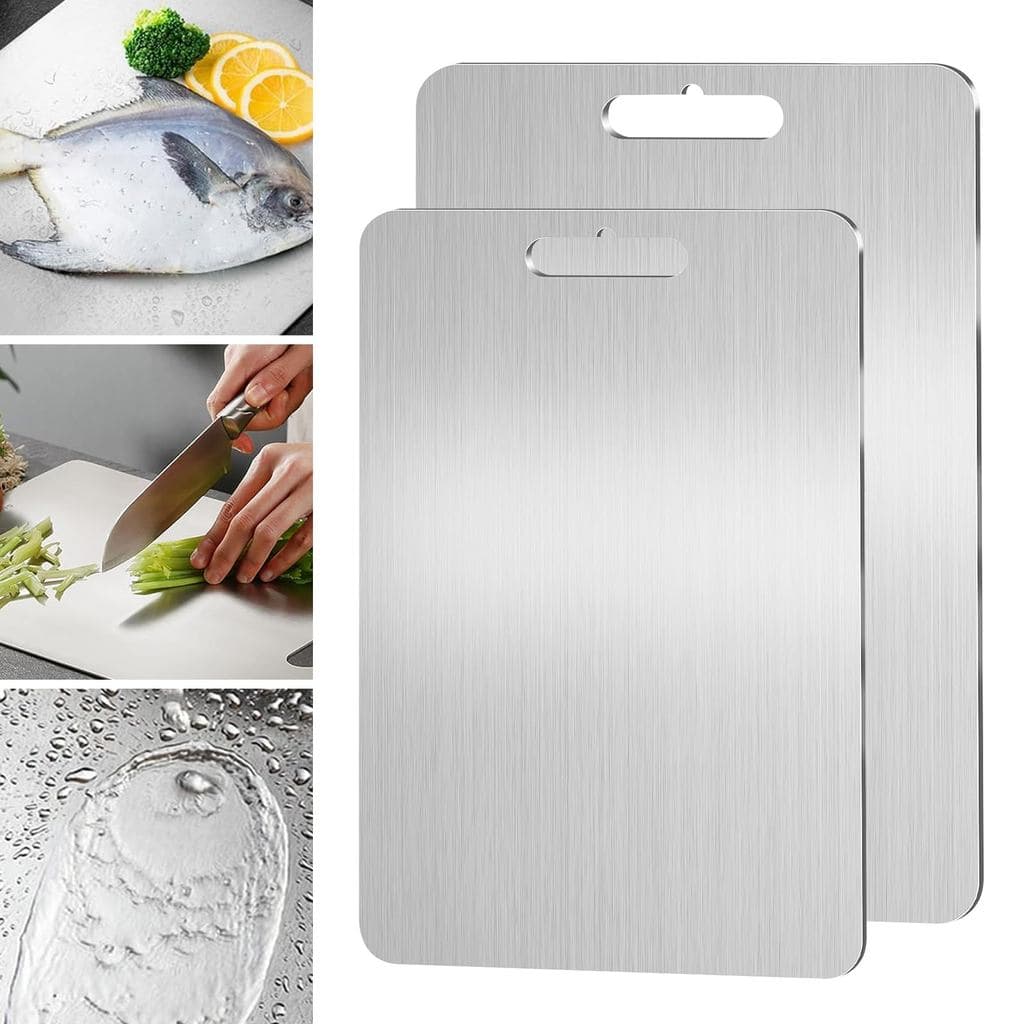 Tábua de Corte Inox 304 - Aço Inoxidável - 34x23 / 22x17cm - Higiênica, Durável e Fácil de Limpar