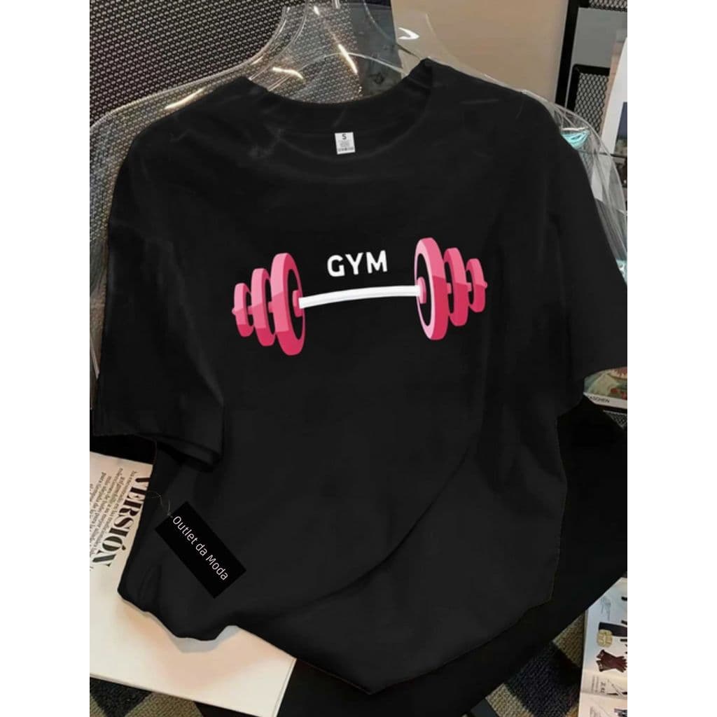 Camiseta Feminina Anilha Pink gym Blusa 100% Algodão esportiva academia