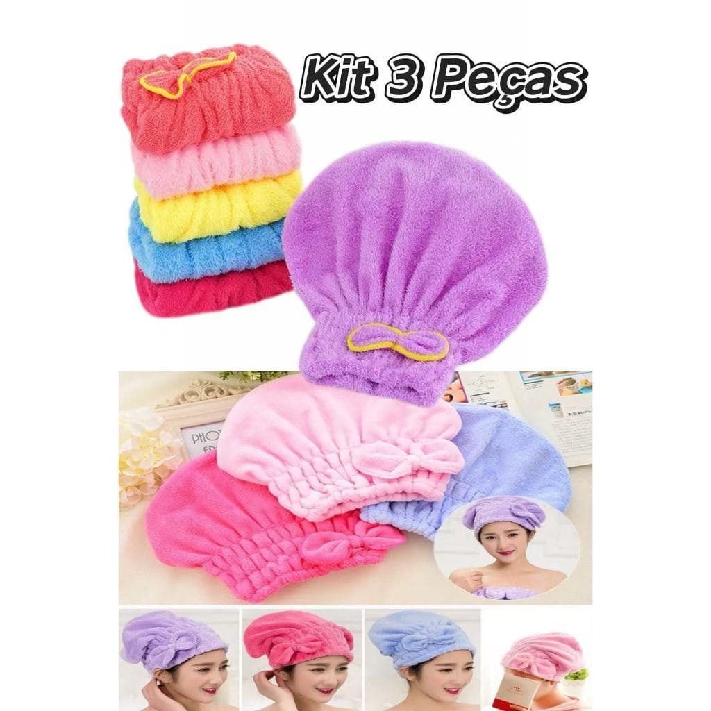 Kit 3 Touca para seca cabelo Mágica Touca de Banho Absorvente Toalha de Microfibra kicool