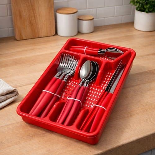 Faqueiro Aço Inox 25 Peças Jogo Completo Organizador Gaveteiro Vermelho ou preto Durável