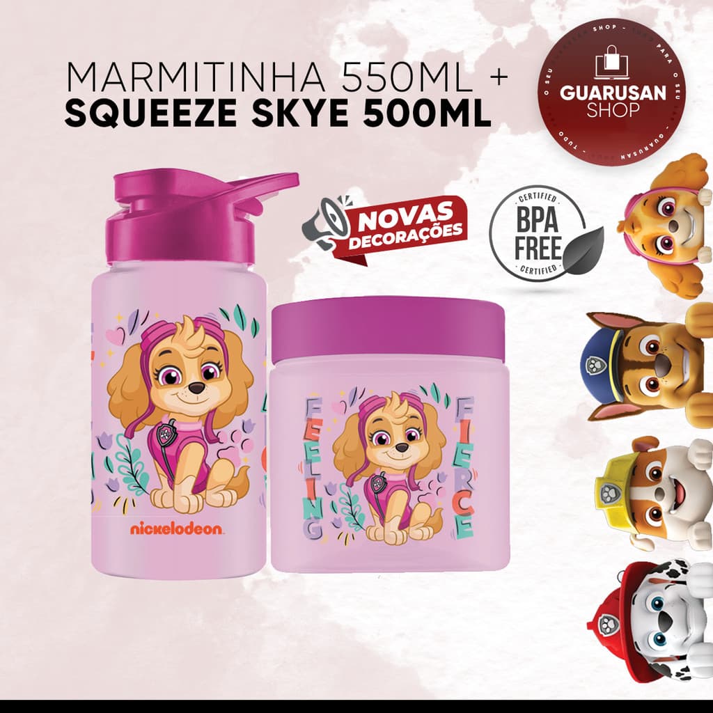 Kit Patrulha Canina Skye - Marmita Lancheira Lanche Pote 550ml + Garrafa Squeeze Bottle Cantil Infantil Escolar 500ml