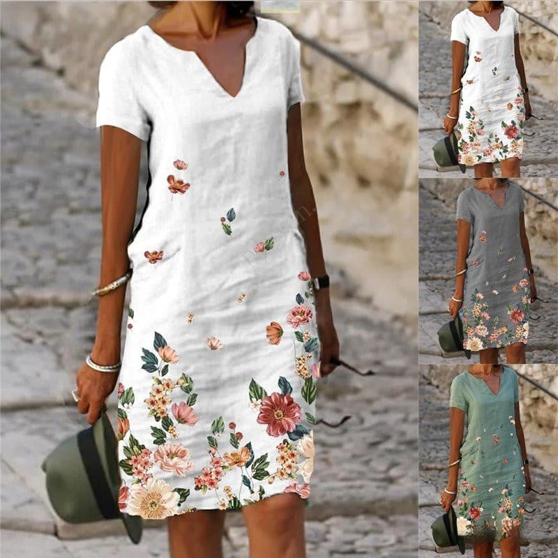 Summer Flower Print Linho de Algodão de Manga Curta Vestido de Senhora de Manga Média