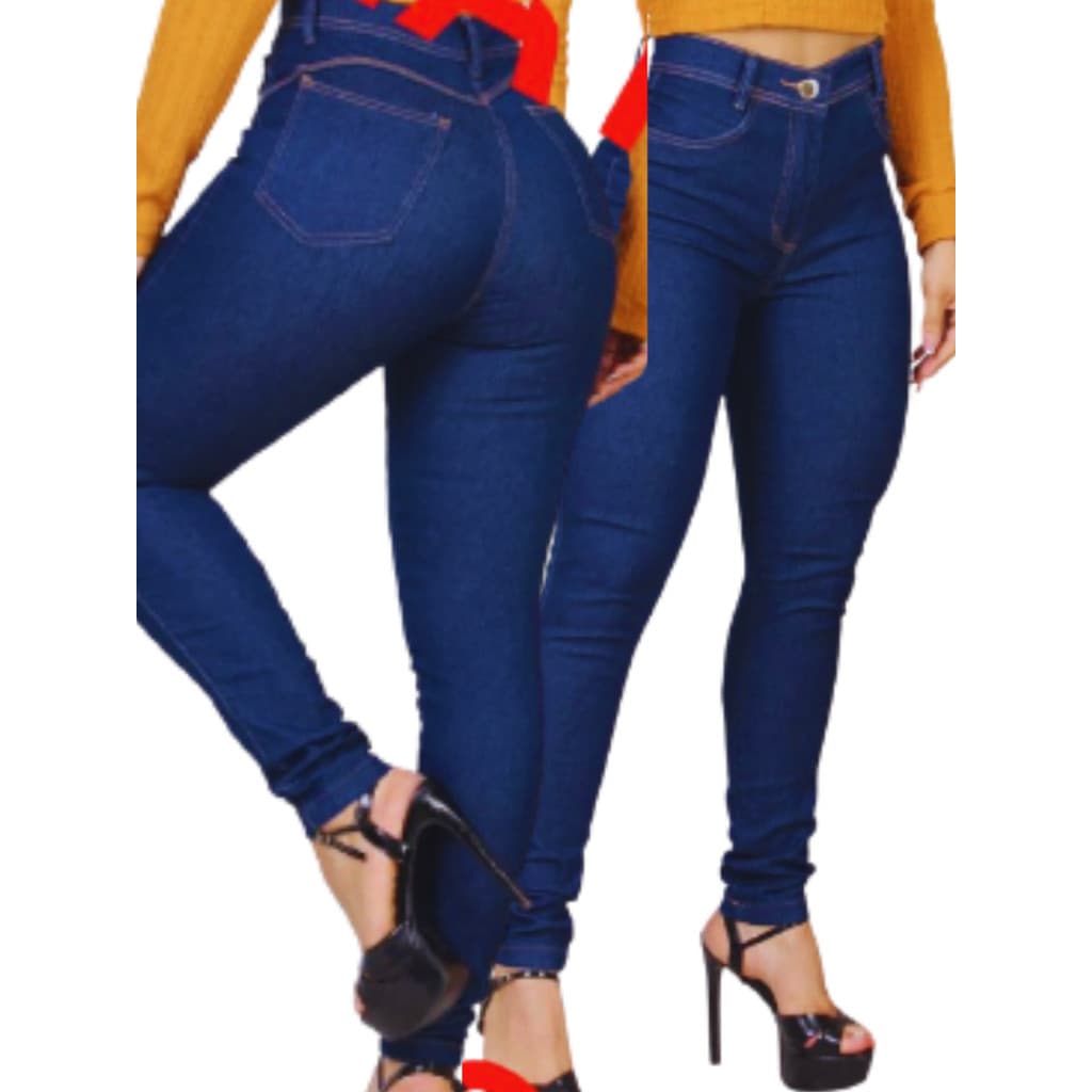 Calça Jeans Azul Escura Cintura Alta Elegante Modelagem Moderna 087