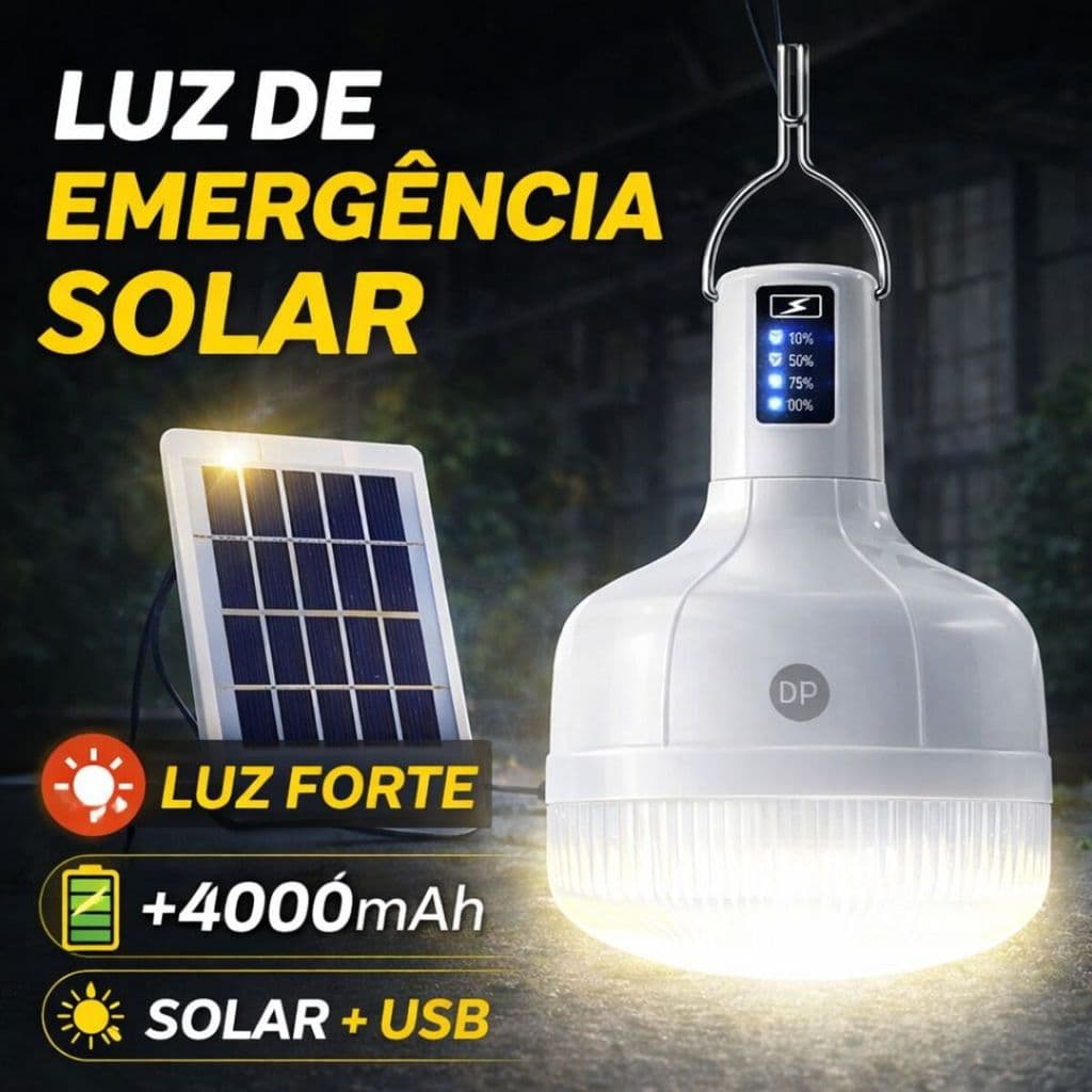 Lâmpada Solar de Emergência Luz Forte 4000mAh Recarregável Solar + USB