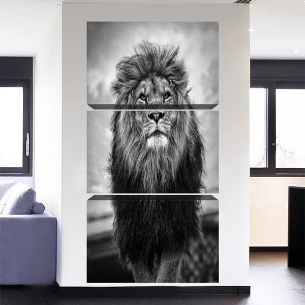 Quadros Decorativos Vertical Leão De Juda Cinza Sala Quarto Hall Escritorio 3 Peças