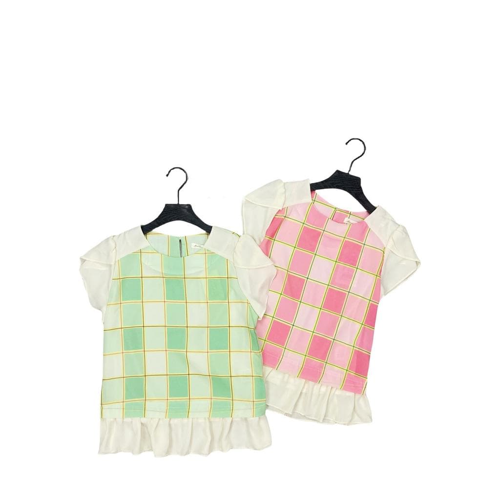E3079 verão novo estilo em torno do pescoço xadrez respirável topo feminino babados bainha redução de idade camisa de Ch