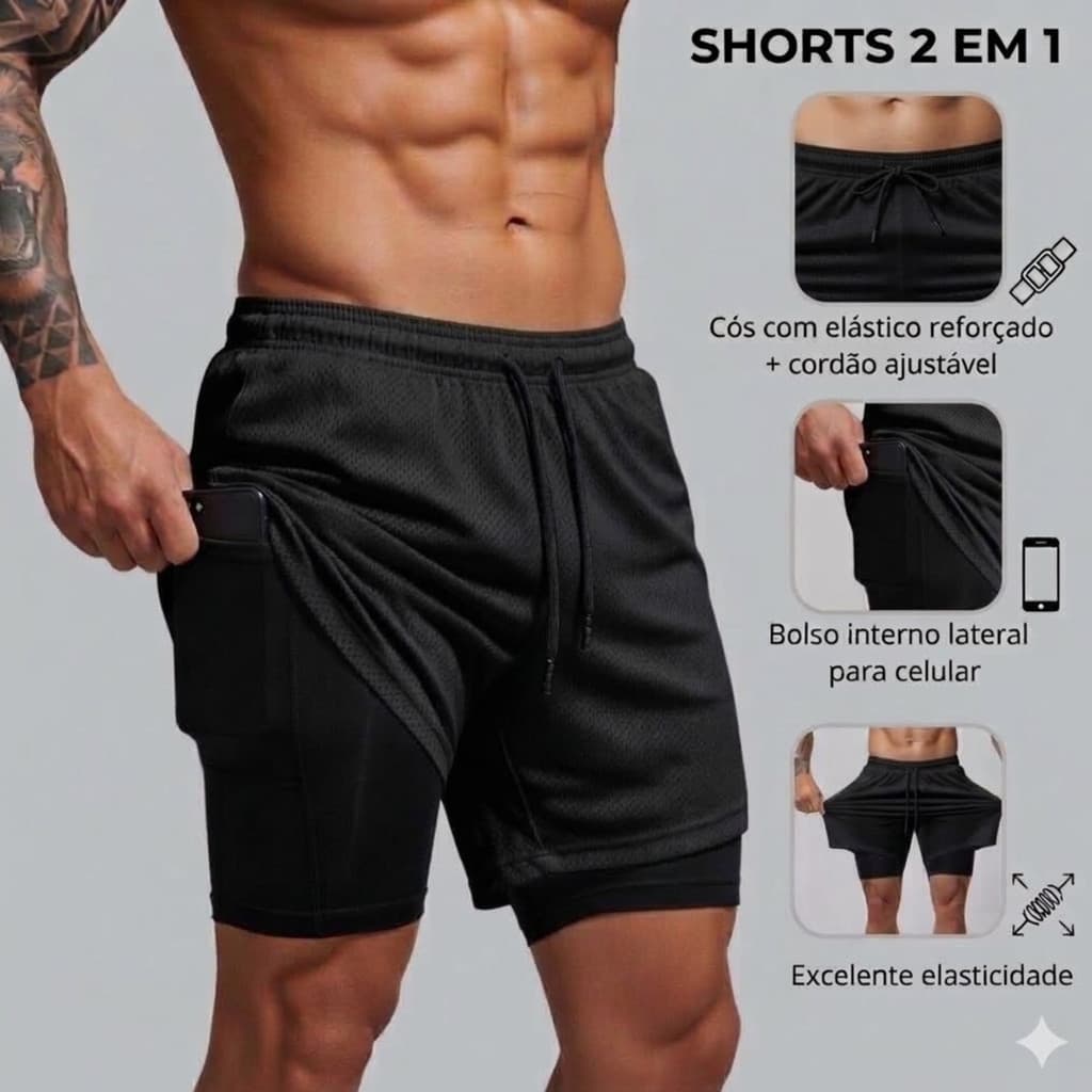 Bermuda Masculina 2 em 1 Shorts Dry Fit Academia Corrida Com Compressão