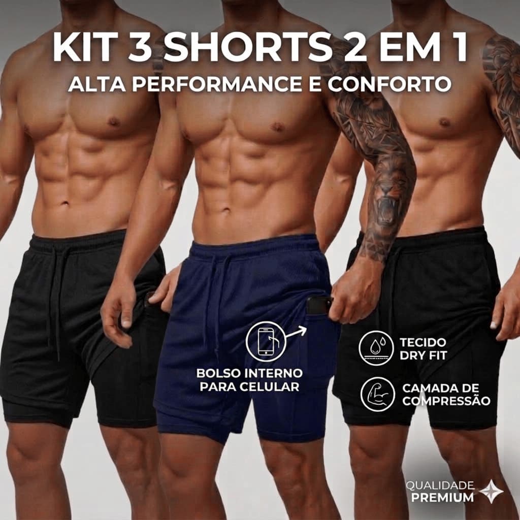 Kit 3 Shorts Bermuda Masculino 2 em 1 Academia Treino Corrida Com Bolso Interno