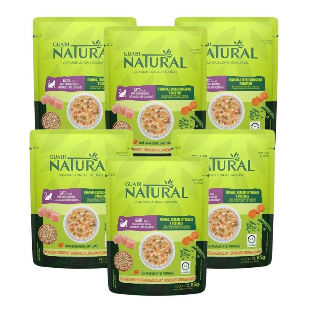 Kit 6 Sachês Guabi Natural Para Gatos Frango E Vegetais 85g