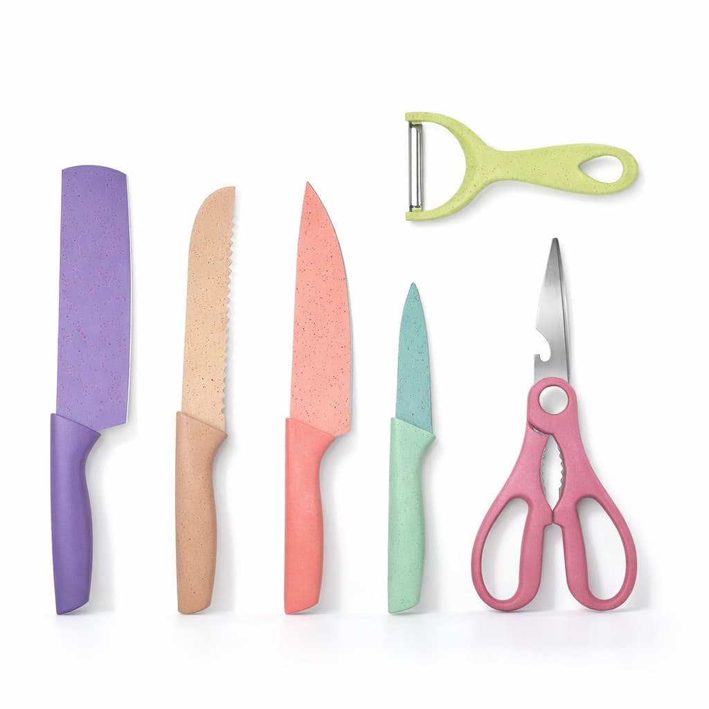 Kit Facas Cozinha 6 Peças Conjunto Faca Chef Faca Legumes Tesoura Descascador