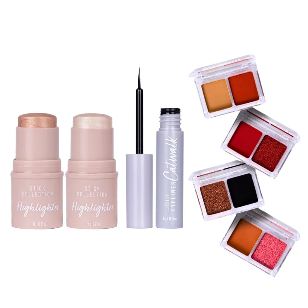 Kit Iluminador Sophia ou Marilyn + Delineador Liquido CatWalk + Sombra Compacta Duo Ana Hickmann