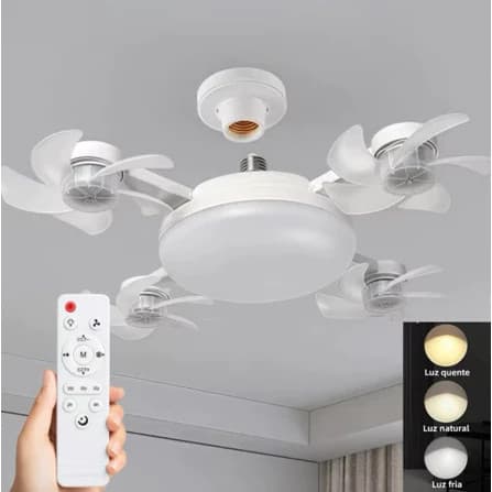 Ventilador de Teto com Lustre LED Silencioso com Controle Remoto 4 Mini Hélices Integradas Bivolt