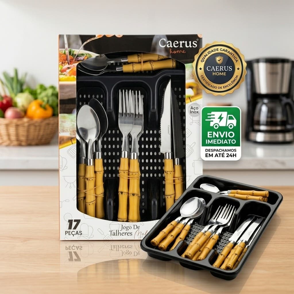 Faqueiro Inox com Cabo Bambu – 17 Peças - Mega Promocao