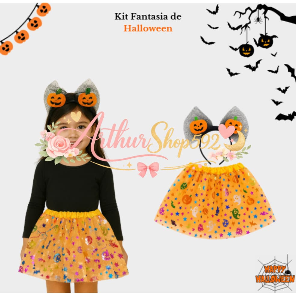 (V)Fantasia Infantil Abóbora Halloween 🎃 Saia Tule Laranja 30cm + Tiara com Laço e Abóboras80YS