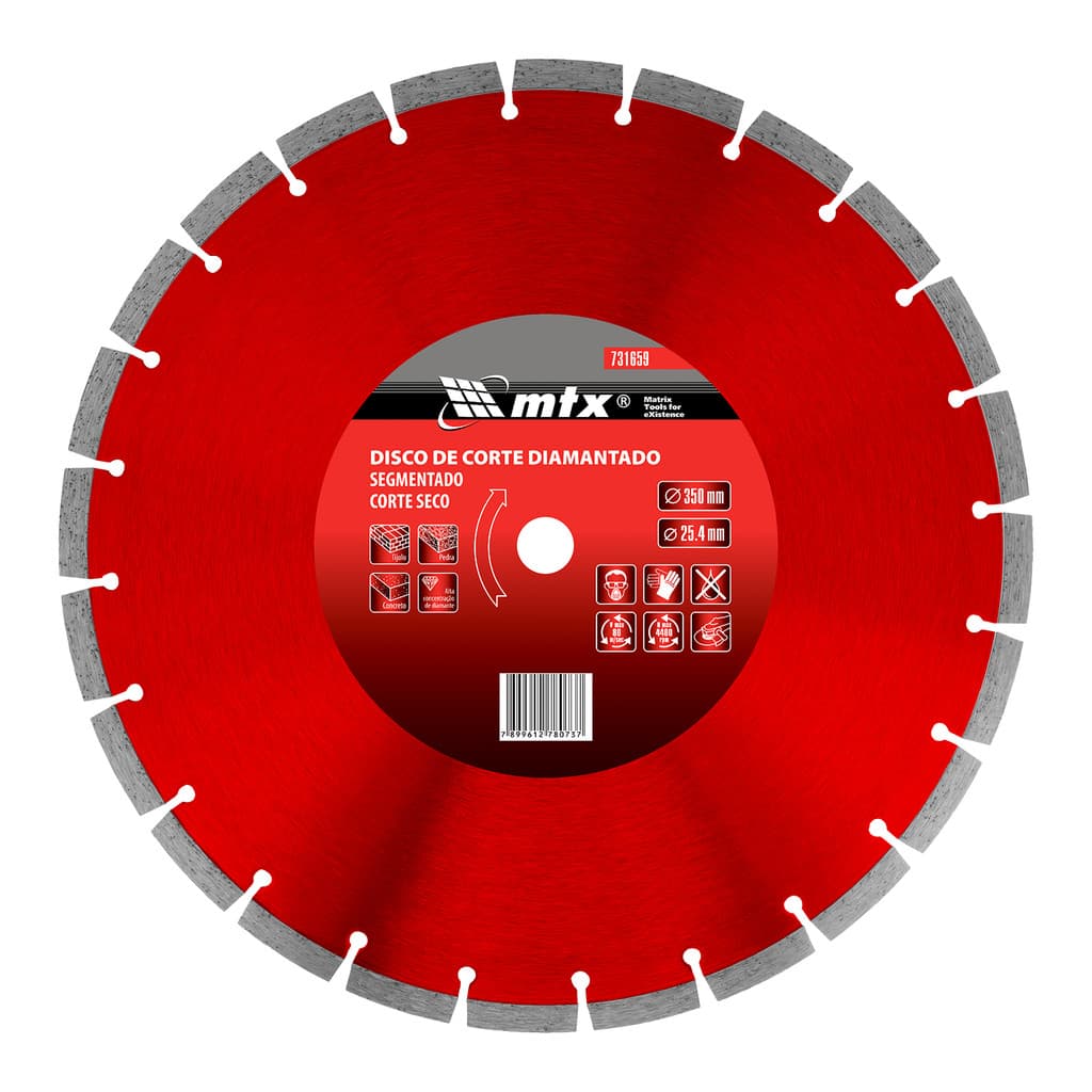 Disco de Corte Segmentado Diamantado 350mm x 25,4mm Corte Seco Com Anel Redutor MTX