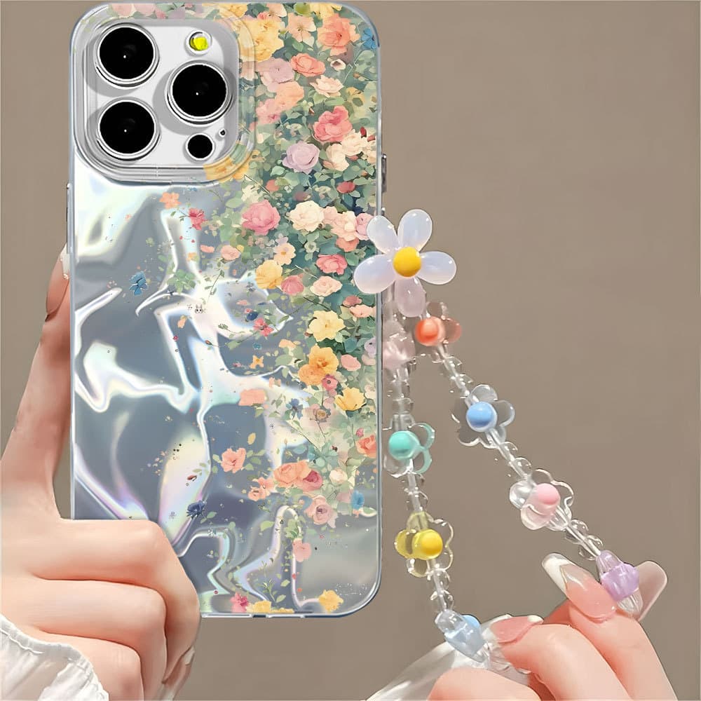 Pulseira De Flor Capinha Capa Para iPhone 13 11 12 14 15 16 Plus Pro Max Gradiente Anti-Queda Silicone Impacto