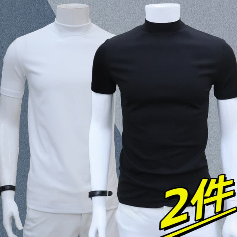 Modal algodão meia gola alta manga curta camiseta masculina fino ajuste alta elasticidade 2025 novo estilo puro algodão