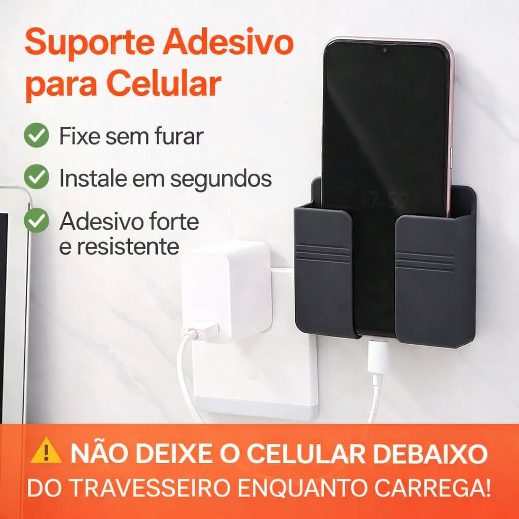 Suporte para Celular Controle Com Fita Adesiva Para Carregar Perto da Tomada Sem Furar