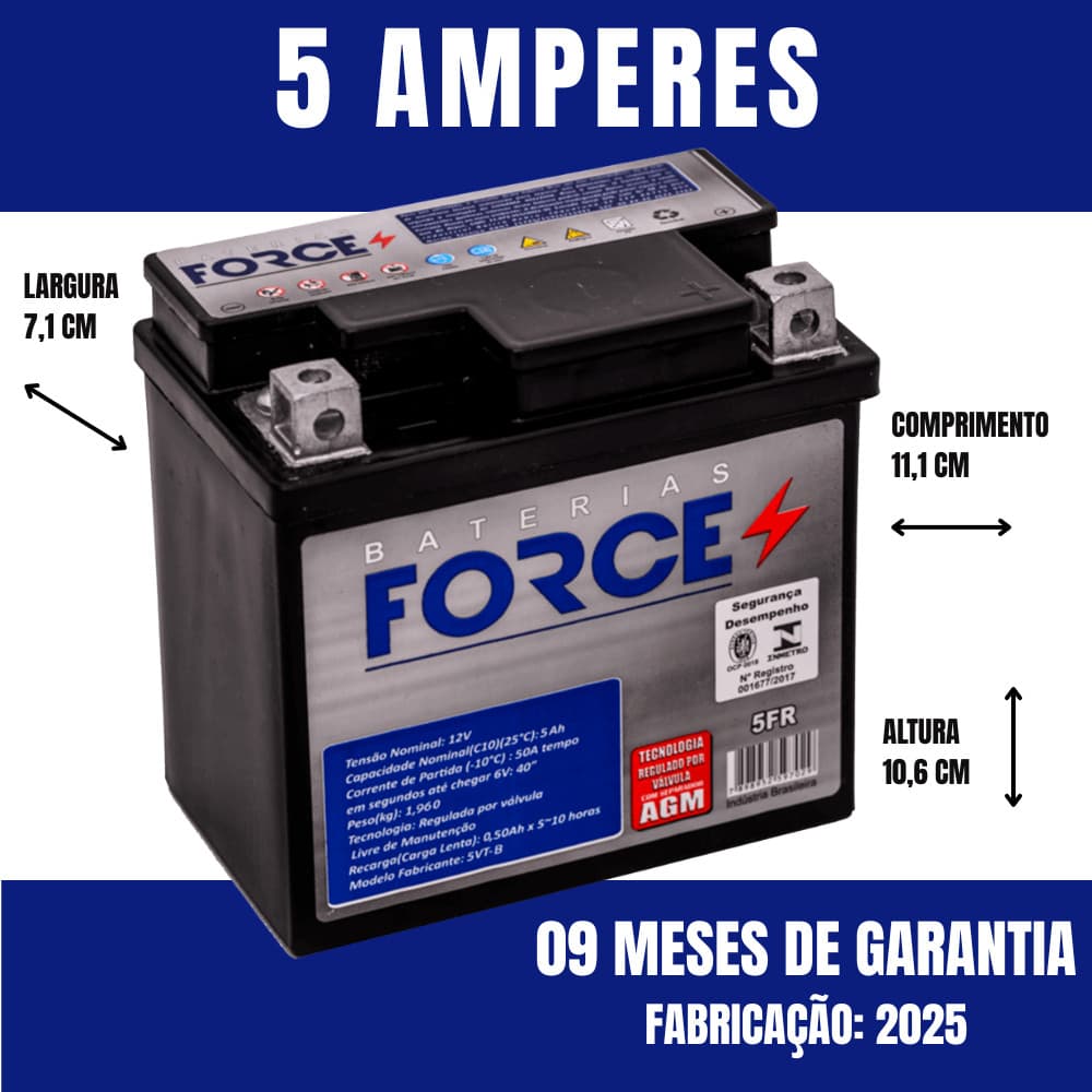 Bateria CG 150 5 amperes Force Moto Honda CG 125 Bros 125 Bros 150 XTZ