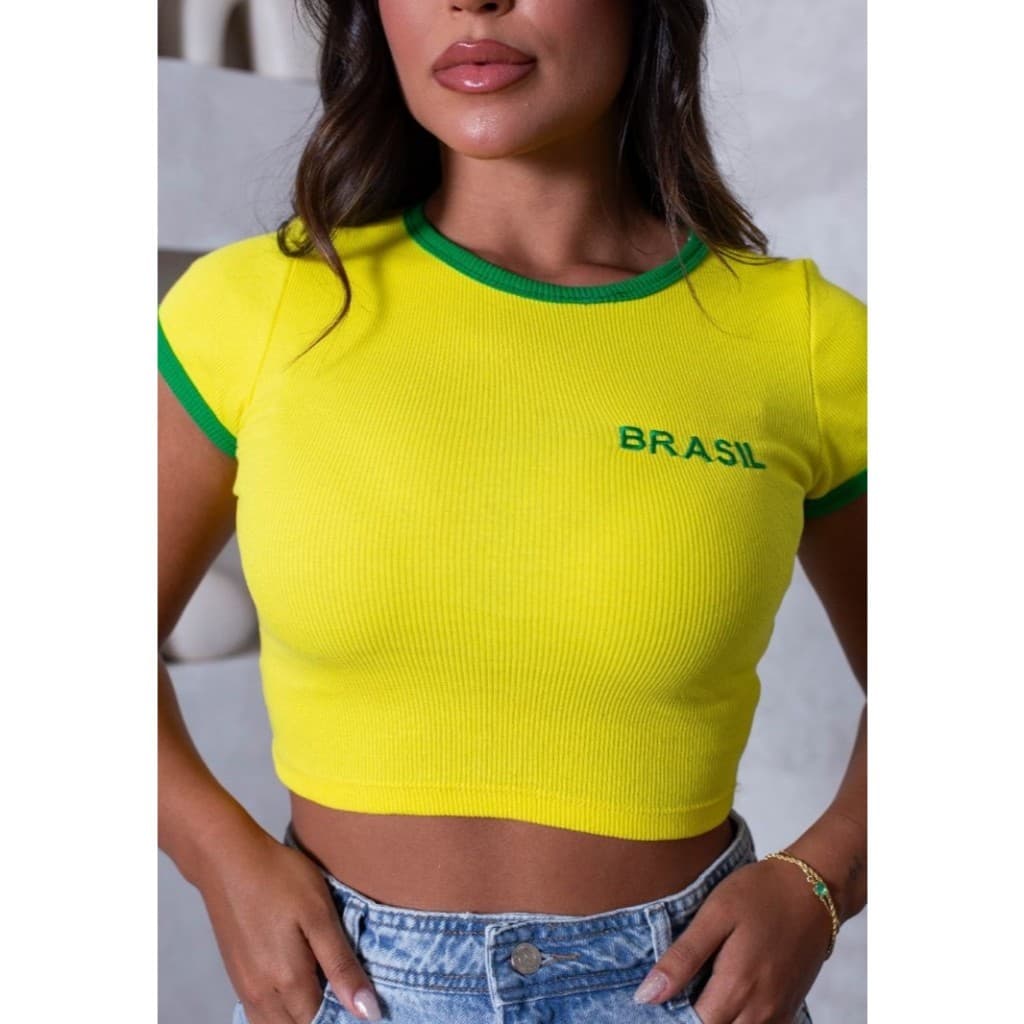 Blusa Croped Feminina Brasil Ribana Canelada Bordada